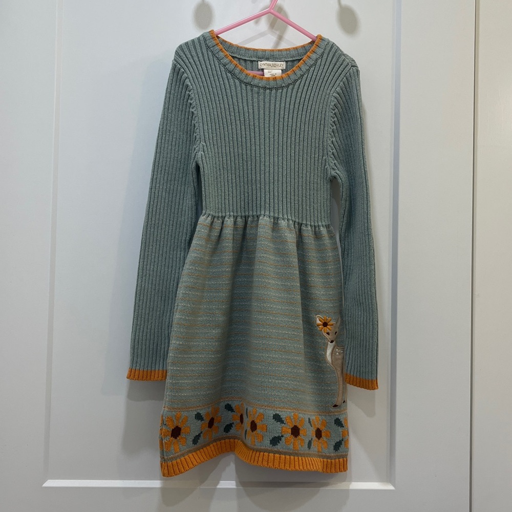Cynthia Rowley Gray Teal and Orange Deer Floral Sweater Dress, Size M (7/8)